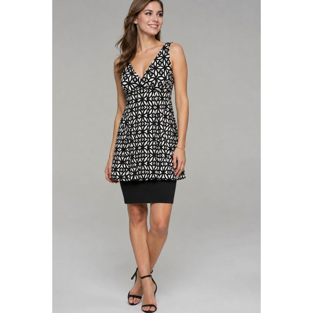 Eliza J Womens Size 14 Bubble Dress Ivory Black Geometric Sleeveless Backless U3